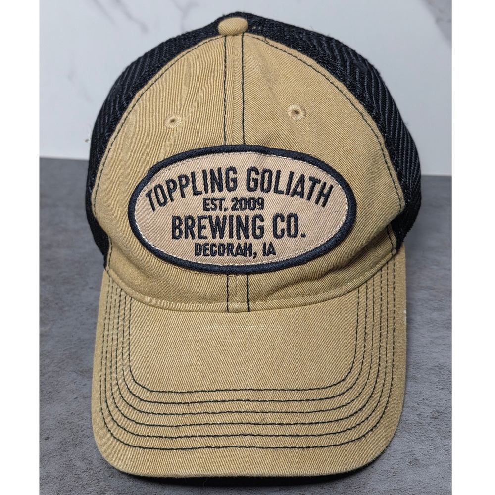 Toppling Goliath Brewing Co Decorah IA Legacy Trucker Hat Tan Black Snapback Cap